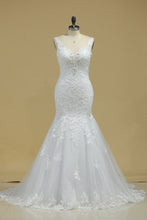 Load image into Gallery viewer, Straps Open Back Tulle With Applique And Beads Mermaid Chapel Train Wedding Dresses
