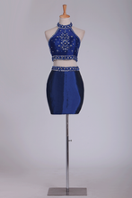Load image into Gallery viewer, Two Pieces Halter Homecoming Dresses Sheath With Beads Short/Mini Dark Royal Blue