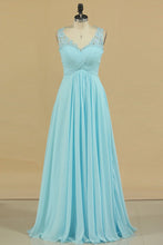 Load image into Gallery viewer, Plus Size V-Neck Prom Dresses A Line Floor Length With Ruffles &amp; Applique Chiffon