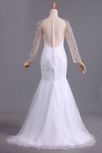 Load image into Gallery viewer, Wedding Dresses Mermaid Scoop Long Sleeves Floor Length Tulle With Beading