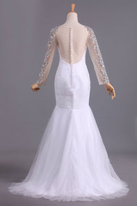 Wedding Dresses Mermaid Scoop Long Sleeves Floor Length Tulle With Beading