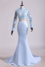 Load image into Gallery viewer, Two Pieces Prom Dresses Mermaid Spandex &amp; Tulle With Applique Light Sky Blue