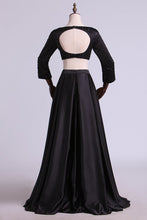 Load image into Gallery viewer, Two Pieces There Quarter Sleeves Prom Dresses Bateau Satin Backless Floor Length