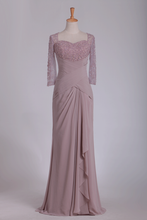 Load image into Gallery viewer, Ruched And Beaded Mother Of The Bride Dresses 3/4 Length Sleeves Sheath Chiffon