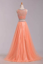 Load image into Gallery viewer, Two Pieces Bateau Beaded Bodice A Line/Princess Prom Dress Pick Up Tulle Skirt Floor Length
