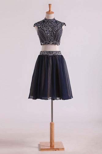 Two-Piece High Neck A Line Short/Mini Homecoming Dresses Tulle & Chiffon