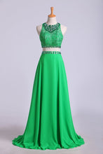 Load image into Gallery viewer, Two Pieces Scoop A Line Prom Dresses Backless Sweep Train With Beading