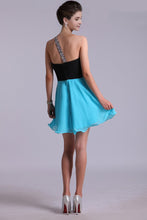 Load image into Gallery viewer, Two-Tone Homecoming Dresses One Shoulder A-Line Empire Waist Chiffon With Beads