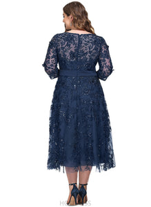 Zoey A-line Boat Neck Illusion Tea-Length Chiffon Lace Cocktail Dress With Sequins HDOP0020846