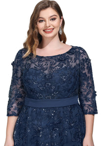 Zoey A-line Boat Neck Illusion Tea-Length Chiffon Lace Cocktail Dress With Sequins HDOP0020846