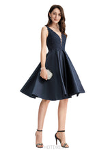 Load image into Gallery viewer, Josephine A-line V-Neck Knee-Length Lace Satin Cocktail Dress With Beading HDOP0020984