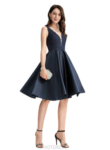 Josephine A-line V-Neck Knee-Length Lace Satin Cocktail Dress With Beading HDOP0020984