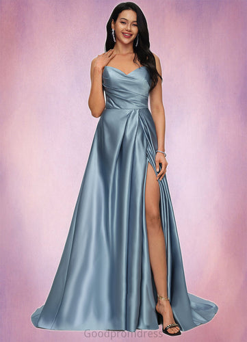 Madison Ball-Gown/Princess V-Neck Sweep Train Satin Prom Dresses HDOP0022191