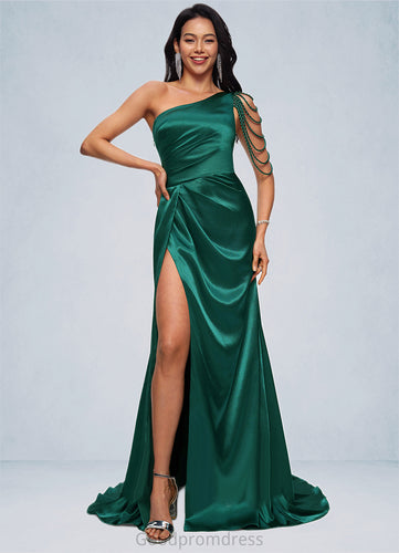 Fernanda Trumpet/Mermaid One Shoulder Sweep Train Stretch Satin Prom Dresses With Beading HDOP0022205