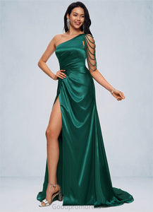 Fernanda Trumpet/Mermaid One Shoulder Sweep Train Stretch Satin Prom Dresses With Beading HDOP0022205