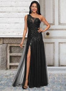Joslyn Trumpet/Mermaid One Shoulder Illusion Floor-Length Lace Tulle Prom Dresses With Sequins HDOP0022217