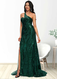 Janiah Trumpet/Mermaid One Shoulder Sweep Train Sequin Prom Dresses With Sequins HDOP0022226