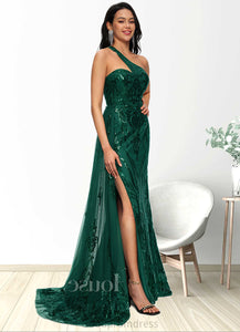 Janiah Trumpet/Mermaid One Shoulder Sweep Train Sequin Prom Dresses With Sequins HDOP0022226