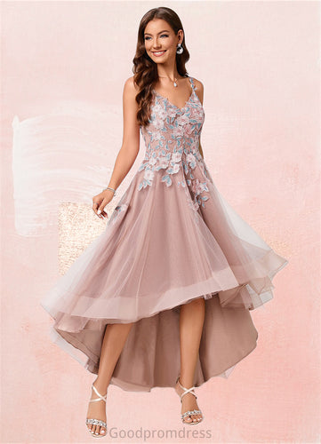 Caylee A-line Off the Shoulder Asymmetrical Lace Tulle Cocktail Dress With Flower HDOP0022258