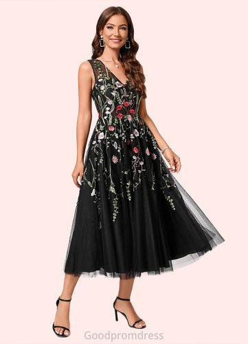 Shirley A-line V-Neck Tea-Length Lace Tulle Cocktail Dress With Appliques Lace HDOP0022260
