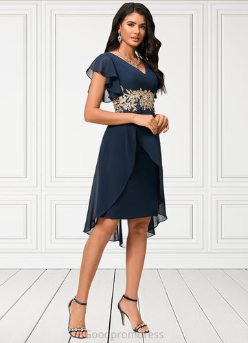Jade Sheath/Column V-Neck Asymmetrical Chiffon Lace Cocktail Dress With Appliques Lace HDOP0022268