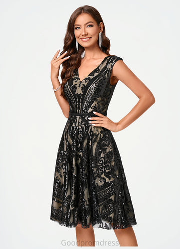 Abril A-line V-Neck Knee-Length Lace Sequin Cocktail Dress With Sequins HDOP0022289