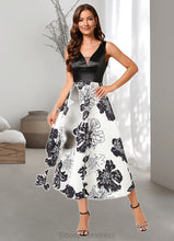 Load image into Gallery viewer, Abagail A-line V-Neck Tea-Length Polyester Cocktail Dress With Flower HDOP0022320