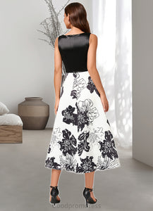 Abagail A-line V-Neck Tea-Length Polyester Cocktail Dress With Flower HDOP0022320