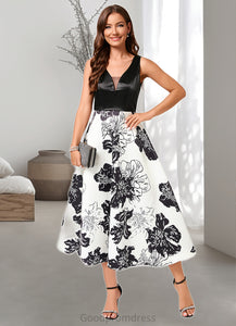 Abagail A-line V-Neck Tea-Length Polyester Cocktail Dress With Flower HDOP0022320