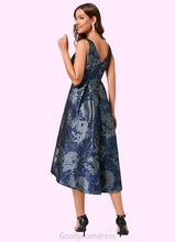 Load image into Gallery viewer, Morgan A-line V-Neck Asymmetrical Jacquard Cocktail Dress With Flower HDOP0022321