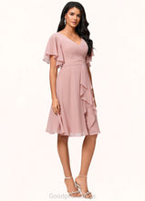 Load image into Gallery viewer, Bailee A-line V-Neck Knee-Length Chiffon Cocktail Dress With Ruffle HDOP0022335