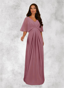 Sonia A-Line V-Neck Pleated Chiffon Floor-Length Dress HDOP0022621