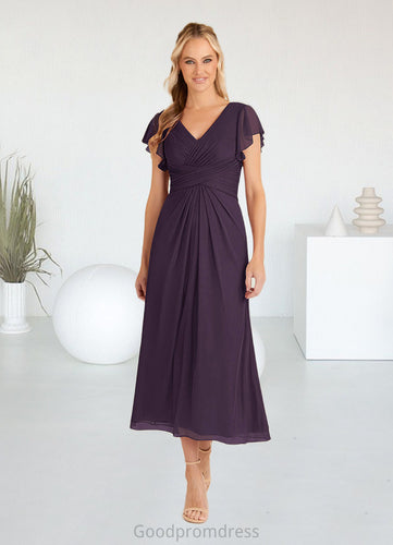 Gracelyn A-Line V-Neck Pleated Mesh Tea-Length Dress HDOP0022626