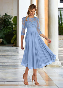 Shayla A-Line Boatneck Lace Chiffon Tea-Length Dress HDOP0022636