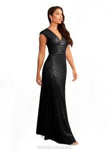 Sophronia A-Line V-Neck Ruched Sequins Floor-Length Dress HDOP0022637