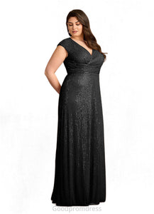 Sophronia A-Line V-Neck Ruched Sequins Floor-Length Dress HDOP0022637