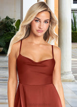 Load image into Gallery viewer, Hailee A-Line Side Slit Stretch Satin Tea-Length Dress Terracotta HDOP0022728