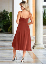 Load image into Gallery viewer, Hailee A-Line Side Slit Stretch Satin Tea-Length Dress Terracotta HDOP0022728