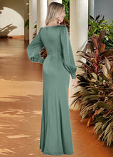 Load image into Gallery viewer, Macey Mermaid Long Sleeve Stretch Satin Floor-Length Dress Eucalyptus HDOP0022730
