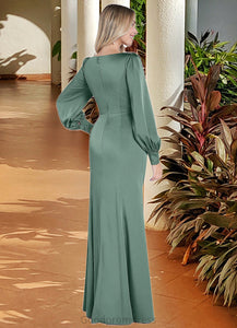 Macey Mermaid Long Sleeve Stretch Satin Floor-Length Dress Eucalyptus HDOP0022730