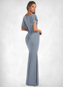 Kinsley A-Line Ruched Luxe Knit Floor-Length Dress dusty blue HDOP0022735