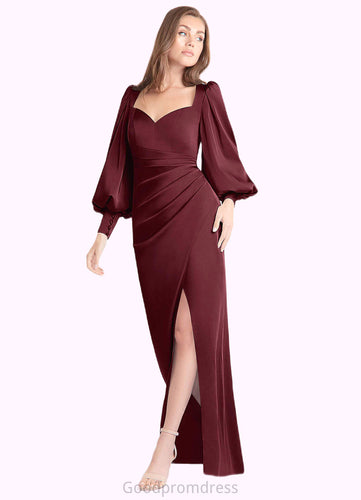 Adrianna Sheath Long Sleeve Stretch Satin Floor-Length Dress Cabernet HDOP0022738