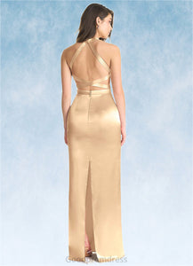 Brooklyn Sheath High Neck Metallic Satin Floor-Length Dress Gold HDOP0022748