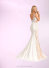 Load image into Gallery viewer, Krista Mermaid Sequins Stretch Crepe Cathedral Train Dress Diamond White/Nude HDOP0022749