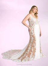 Load image into Gallery viewer, Krista Mermaid Sequins Stretch Crepe Cathedral Train Dress Diamond White/Nude HDOP0022749