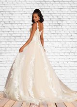Load image into Gallery viewer, Diya A-Line V-Neck Sequins Tulle Cathedral Train Dress Diamond White/Champagne HDOP0022751
