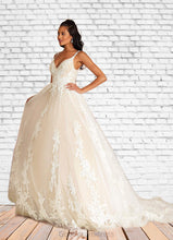 Load image into Gallery viewer, Diya A-Line V-Neck Sequins Tulle Cathedral Train Dress Diamond White/Champagne HDOP0022751