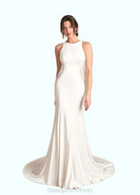 Load image into Gallery viewer, Kailee Mermaid Lace Stretch Crepe Cathedral Train Dress Diamond White HDOP0022781