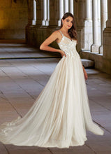 Load image into Gallery viewer, Precious A-Line Lace Tulle Cathedral Train Dress Diamond White/Nude HDOP0022784