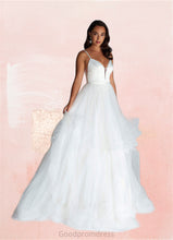 Load image into Gallery viewer, Ashtyn Ball-Gown Ruched Satin Sweep Train Dress Diamond White HDOP0022785